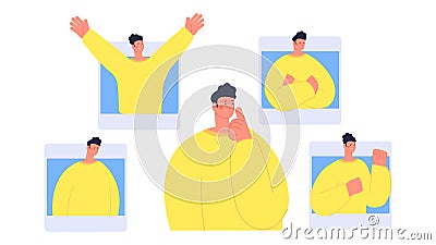 Man choose mood. Diverse moods of human, identity disorder. Thoughtful, happy, angry and sad boy vector character Vector Illustration