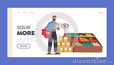 Man Choose Products for Purchase in Market Store Landing Page Template. Customer Male Character Visiting Grocery Vector Illustration