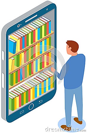 Guy looks at screen with virtual bookshelves and stacks of books. Man chooses book in online library Vector Illustration