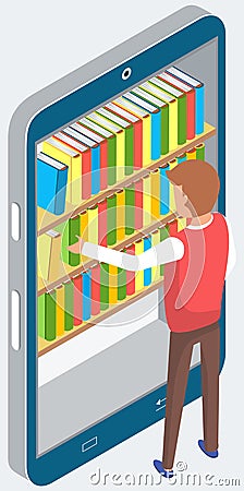 Guy looks at screen with virtual bookshelves and stacks of books. Man chooses book in online library Vector Illustration