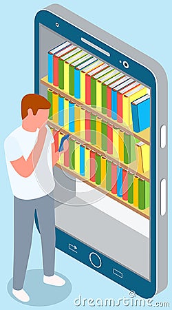 Man chooses book in digital online library or bookstore on smartphone with modern application Vector Illustration