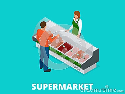 Man chooses sausages in the store. Sausages and fresh meat in shop showcase isometric vector illustration. Meat products Vector Illustration