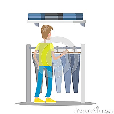 Man choosing clothes in the clothing store Vector Illustration