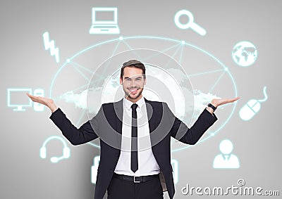 Man choosing or deciding with open palms hands network connected technology icons Stock Photo