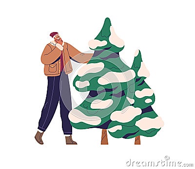 Man choosing live Xmas fir tree for Christmas at fair, market outdoors, preparing for winter holiday. Happy New Year Vector Illustration