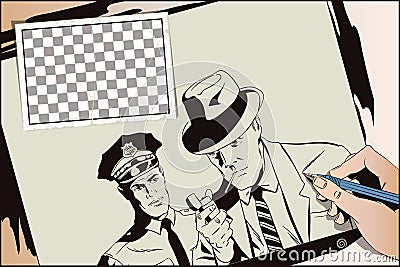 Man with cigarette and policeman. Hand paints picture. Vector Illustration