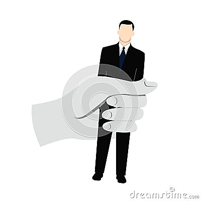 A man in a classic suit is clasped in a man's hand. Concept of a person dependent on circumstances, manager, office. Vector Illustration
