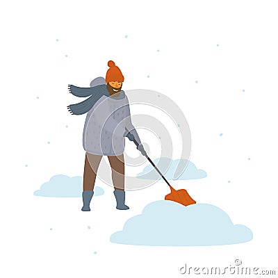 Man clean up shoveling snow drifts cartoon isolated vector illustration Vector Illustration