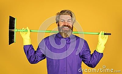 man cleaner. bearded man cleaning with mop. Janitor in gloves. husband cleaning house. Housework and domestic duty. Male Stock Photo