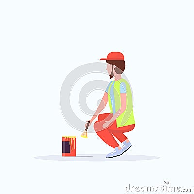 Man cleaner in uniform using paintbrush and paint bucket male janitor painting street sidewalk decoration road service Vector Illustration