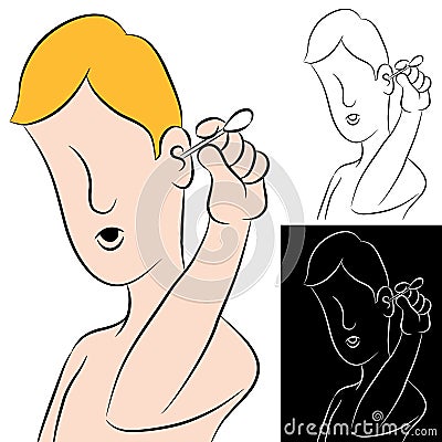 Man Cleaning Ear With Swab. Vector Illustration