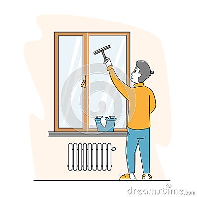 Man Cleaning Home Wiping Window with Wet Rag and Scraper. Male Character Household Activity, Housekeeping Process, Duty Vector Illustration