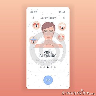 Man cleaning pore facial cleansing procedure on clogged face skin care treatment steps Vector Illustration