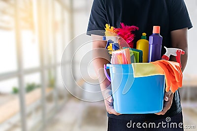 Man cleaning service concept clean room and office tools Stock Photo