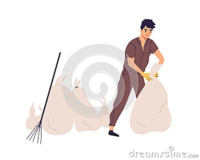 Man cleaning street by collecting garbage into trash bags. Young guy packing litter. Eco volunteer or janitor working Vector Illustration