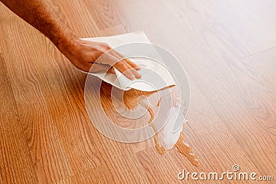 Man cleans a damp stain on the wooden floor of his house with absorbent kitchen paper Stock Photo