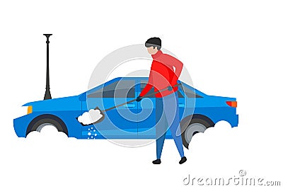 a man cleans snow with a shovel near his car Vector Illustration