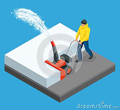 A man cleans snow from sidewalks with snowblower. City after blizzard. Isometric vector illustration Vector Illustration