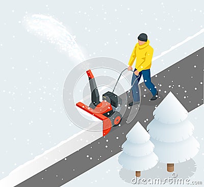 A man cleans snow from sidewalks with snowblower. City after blizzard. Isometric vector illustration. Vector Illustration