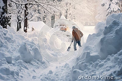 man clearing snow with a shovel in front of the house Stock Photo