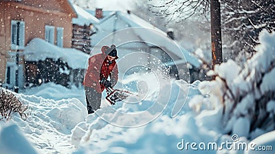 Man Clearing Snow with a Snowblower During Winter Season. Generative ai Cartoon Illustration