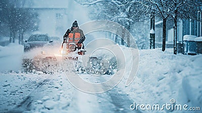 Man Clearing Snow with a Snowblower During Winter Season. Generative ai Cartoon Illustration