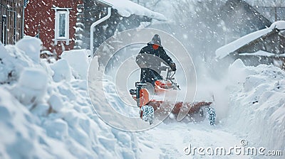 Man Clearing Snow with a Snowblower During Winter Season. Generative ai Cartoon Illustration