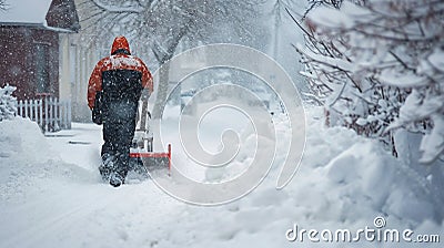 Man Clearing Snow with a Snowblower During Winter Season. Generative ai Cartoon Illustration