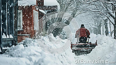 Man Clearing Snow with a Snowblower During Winter Season. Generative ai Cartoon Illustration