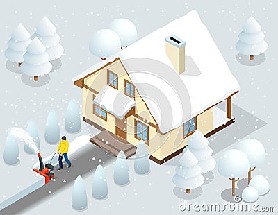 A man clears snow from sidewalks with snow blower backyard outside his house. City after a blizzard. House covered with Vector Illustration