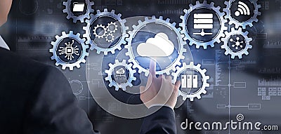 Man clicks icon Cloud Computing Technology Internet Storage Network Concept Stock Photo