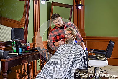 Man client sit chair. Barbershop services. As gentleman and decent human being, you must tip your barber. Visit Stock Photo