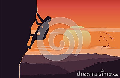 Man climb up cliff on sunset time carefully around with mountain,extreme activity of the world,silhouette design Vector Illustration