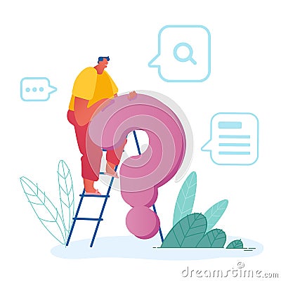 Man Climbing by Ladder to Huge Question Mark Isolated on White Background. Faq, Informational Research Vector Illustration