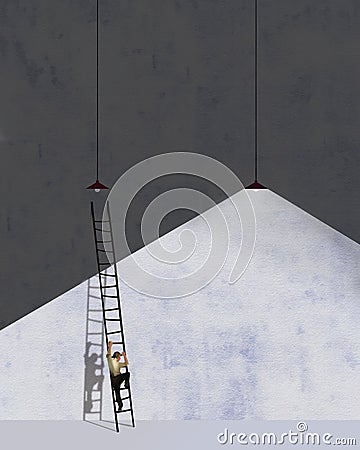 A man climbs a ladder to change a burned out light bulb Cartoon Illustration