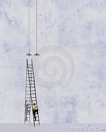 A man climbs a ladder to change a burned out light bulb Cartoon Illustration