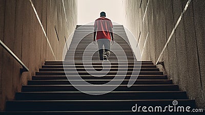 man climbs stairs from dungeon through concrete tunnel Stock Photo
