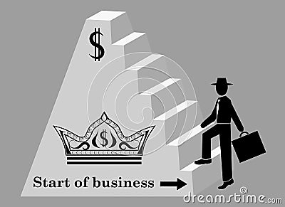 Man climbs the stairs of the pyramid. Start of business. Black and white vector illustration Vector Illustration