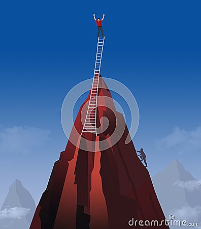 A man climbs to a mountain peak in this 3-D image then goes even higher using a ladder. Stock Photo