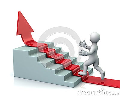 Man climbs up stairs on red arrow Stock Photo