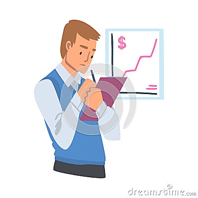 Man with Clipboard Analyzing Financial Profit Growth and Evaluating Revenue and Expense Vector Illustration Vector Illustration