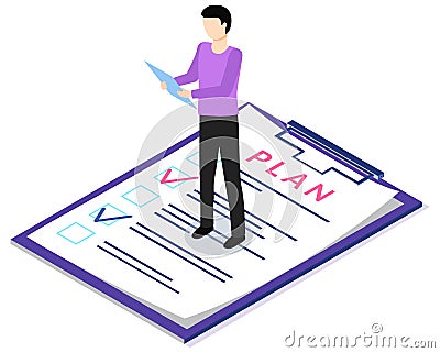 Man with clipboards is looking at to-do list paper. Employee is analysing his plan for week Vector Illustration