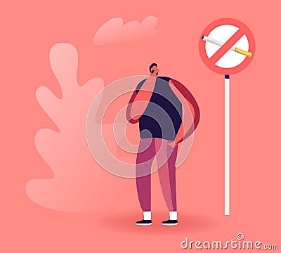 Man Close his Nose near Prohibited Sign with Cigarette. Passive Second Hand Smoking in Public Place Social Problem Vector Illustration