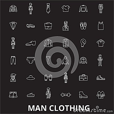 Man clothing editable line icons vector set on black background. Man clothing white outline illustrations, signs Vector Illustration