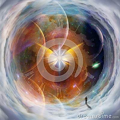 Man in cloudy space tunnel with light angel Stock Photo