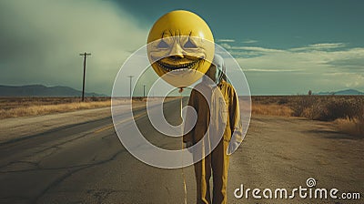 The Eerie Encounter: A Surrealistic Journey With A Balloon Mask Stock Photo