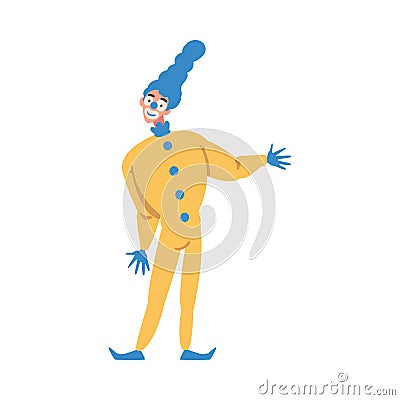 Man Clown with Makeup Face and Flamboyant Costume as Circus Artist Character Performing on Stage or Arena Vector Vector Illustration