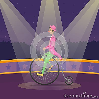 Man in Clown Suit Rides Retro Bike on Circus Stage Vector Illustration