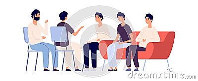 Man club. Group psychotherapy, flat male characters. Emotional support and protect, friendship. Isolated psychologist Vector Illustration