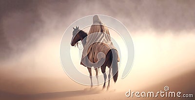 Man in coat on a horse, in a desert sands during the storm. Sand in a air, dusty mist. Generative AI Stock Photo